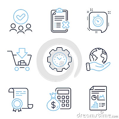 Reject checklist, Finance calculator and Time management icons set. Timer, Shopping and Report document signs. Vector Vector Illustration