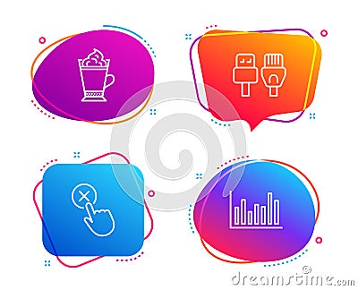 Reject click, Latte coffee and Computer cables icons set. Bar diagram sign. Vector Vector Illustration