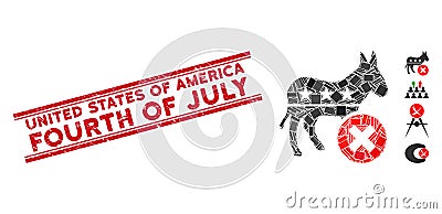 Reject Democrat Donkey Mosaic and Grunge United States of America Fourth of July Watermark with Lines Vector Illustration