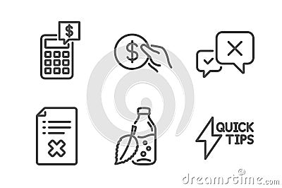 Reject file, Payment and Calculator icons set. Reject, Water bottle and Quickstart guide signs. Vector Vector Illustration