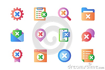 Reject icons set in color flat design. Pack of error gear, stop list, error search, close file, letter, wrong message, negative Vector Illustration