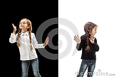 Reject, rejection, doubt concept. Young emotional teen girls at studio Stock Photo