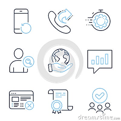 Reject web, Recovery phone and Share call icons set. Find user, Analytical chat and Seo timer signs. Vector Vector Illustration