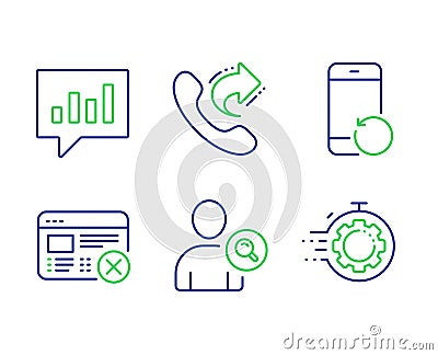 Reject web, Recovery phone and Share call icons set. Find user, Analytical chat and Seo timer signs. Vector Vector Illustration