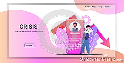 Rejected frustrated businessman bankrupt business profit loss financial crisis concept economic red arrow fall down Vector Illustration