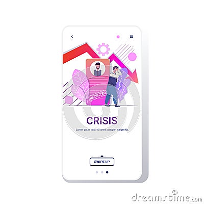 Rejected frustrated businessman bankrupt business profit loss financial crisis concept economic red arrow fall down Vector Illustration