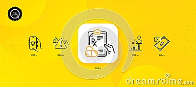 Rejected payment, Stats and Prescription drugs minimal line icons. For web application, printing. Vector Vector Illustration