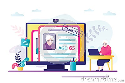 Rejected resume of elderly woman on computer screen. Grandmother sits at desktop Vector Illustration