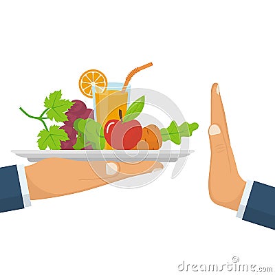 Rejecting the offered healthy food. Refuse raw food Vector Illustration