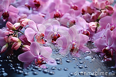 Rejuvenating Spa orchids drops. Generate Ai Stock Photo