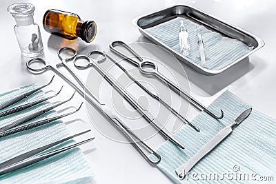 Rejuvenation by plastic surgery: medical instruments on white table backgrond Stock Photo