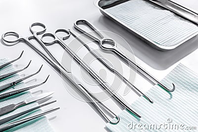 Rejuvenation by plastic surgery: medical instruments on white table backgrond Stock Photo