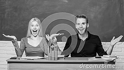 Relations with classmates. Students communicate classroom chalkboard background. Education concept. Communication Stock Photo