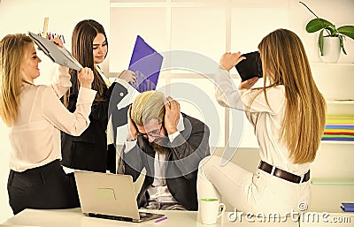 Relations in female team. Psychological pressure. Flirting secretary and manager. Flirting with boss. Man and women Stock Photo