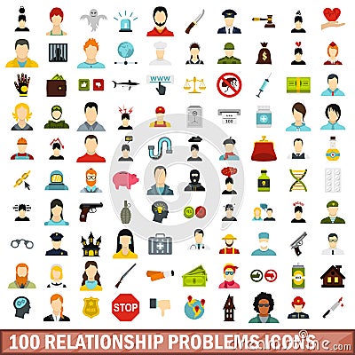 100 relationship problems icons set, flat style Vector Illustration