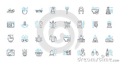 Relationship therapy linear icons set. Communication, Counseling, Trust, Intimacy, Respect, Empathy, Patience line Vector Illustration