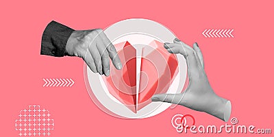 Relationships, Feelings, Psychology, Interaction. Hand of homan and hand of man connect halves of symbolic broken heart Stock Photo