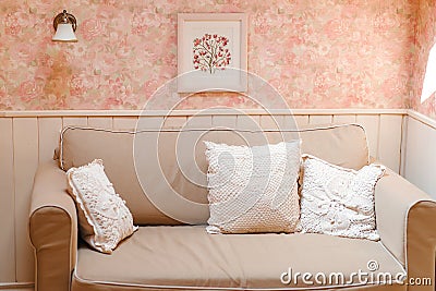 Relax area with large sofa and cushions. Stock Photo