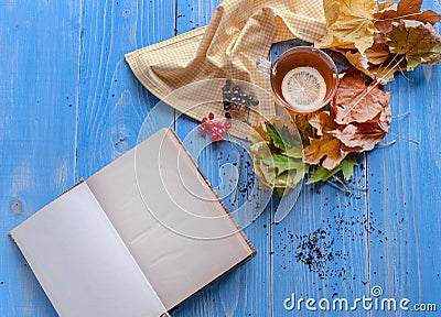 Relax with book and tea conception. new book. bestseller. Stock Photo