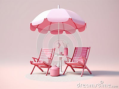 umbrella retro chair sun pink parasol summer sand holiday vacation. Generative AI. Cartoon Illustration