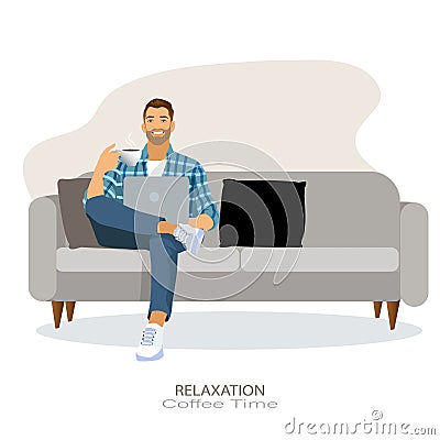 Relax Concept. Happy man drinking coffee using pc sitting on comfortable couch at home in living room . Cheerful casual male Vector Illustration