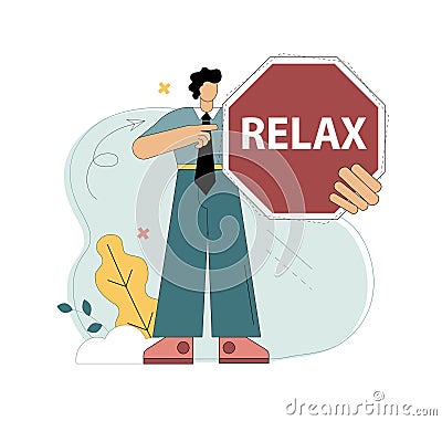 Relax concept. The man holds a relax sign in his hands. An offer to rest, take a break Vector Illustration