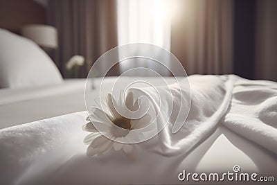 modern spa comfortable bedchamber towel bed window bath welcome flower. Generative AI. Stock Photo