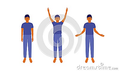 Relax morning workout, inhale exhale vector illustration with young man raising hands up, taking deep breath, down exhales Vector Illustration