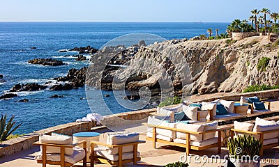 Relax place ocean view at rocky cliff at california los cabos mexico nice hotel restaurant with fantastic views Stock Photo