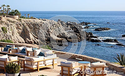 Relax place ocean view at rocky cliff at california los cabos mexico nice hotel restaurant with fantastic views Stock Photo