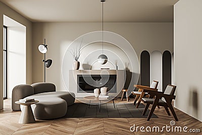 Relax room interior with couch, seats and fireplace with decoration Stock Photo