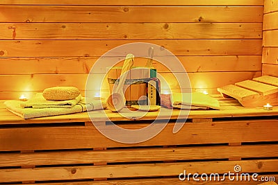 Relax Sauna Still life with sauna accessories Stock Photo