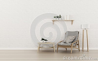 Relax space in condominium.brick wall and wood floor in living room. tropical interior design. Stock Photo