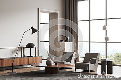 Relax space interior with chairs and coffee table, panoramic window Stock Photo