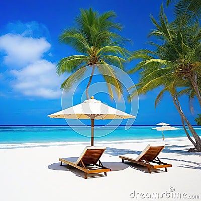 Relax in style on a beautiful white sand beach with beach chairs and anagainst a stunning blue sky and Perfect for vacation Cartoon Illustration