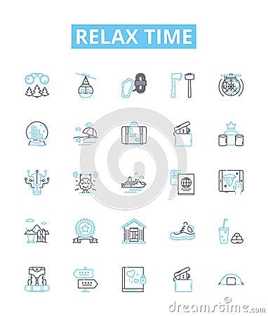 Relax time vector line icons set. Unwind, Recharge, Soothe, Repose, Recline, Tranquilize, Unburden illustration outline Cartoon Illustration