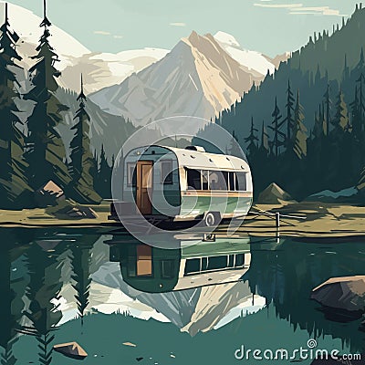 Camper Trailer on the Edge of a Secluded Lake Stock Photo