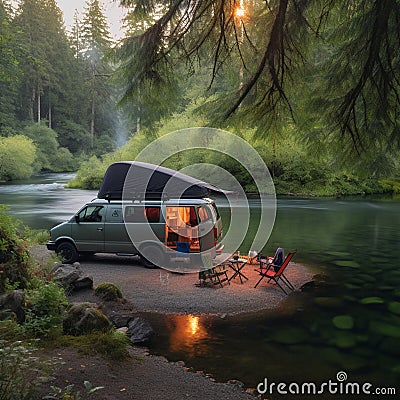 Camper Van on the Edge of a Tranquil River Stock Photo
