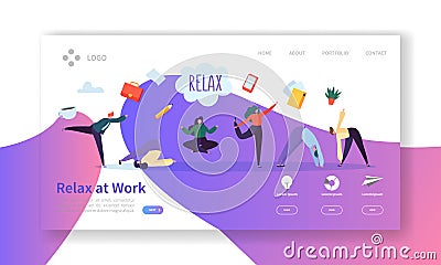 Relax at Work, Coffee Break Landing Page Template Business People Characters Relaxing Meditating at Office Work Web Page Vector Illustration