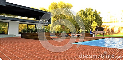 A relaxation area by the pool on the grounds of a suburban estate. Enchanting piano music playing. A wonderful sunny autumn day. Stock Photo