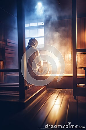 Sweating in the Sauna: Person Relaxing in Steamy Room Stock Photo