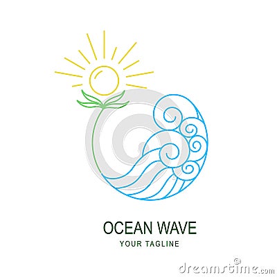 relaxation logo in the form of ocean waves and sunflowers line art Vector Illustration