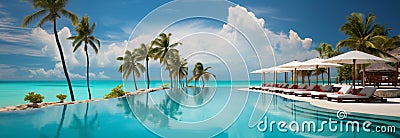 Relaxation in paradise: Beach resort, pool, palm trees, under clear summer skies Stock Photo