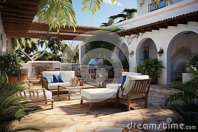 Relaxation Retreat: Villa Patio with Firepit and Seating. Generative By Ai Stock Photo