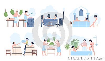 Relaxation in sauna. Hammam or steam room. Men and women resting in bath tube. Wellness spa and finnish bathhouse, flat Vector Illustration
