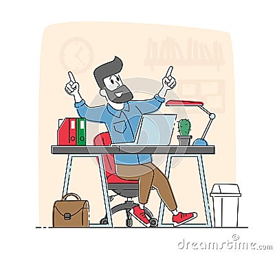 Relaxed Business Man or Freelancer Character Working on Laptop Sitting at Desk Thinking of Task Vector Illustration