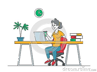 Relaxed Business Woman or Freelancer Working on Laptop Sitting on Floor Thinking of Tasks. Freelance Outsourced Employee Vector Illustration