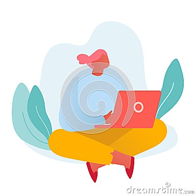 Relaxed Business Woman or Freelancer Working on Laptop Sitting on Floor Thinking of Tasks. Freelance Outsourced Employee Vector Illustration