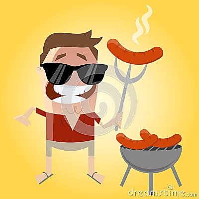 Relaxed cartoon man with sausage Vector Illustration