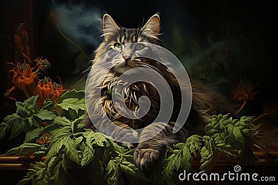 Relaxed Cat on Cannabis Leaves. AI Stock Photo